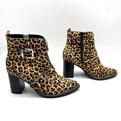 Botas Steve Madden HALLE-L estampa de leopardo cabelo de vaca fivela alças salto bloco 7M - Imagem 1 de 4