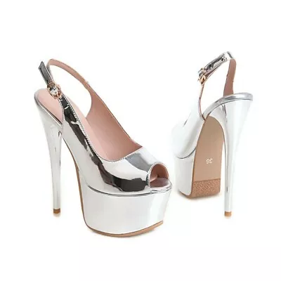 Damen Peeptoes Schuhe Plateau Super High Heels Slingpumps Sandalen Übergröße - Bild 1 von 4