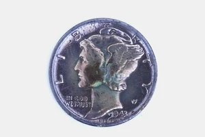 1943-D Silver Mercury Dime Colorful Rainbow Album Toning - Picture 1 of 2