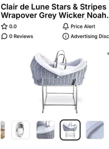 Clair de Lune grey Stars and Stripes grey Wicker Noah Pod basket rocker stand - Picture 1 of 7