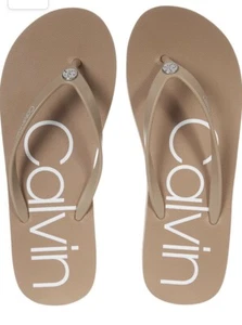 NWOT Women Sandals Sz 10 Calvin Klein Salya Logo Flip Flop Light Natural Brown - Picture 1 of 3