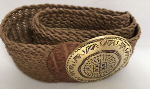 Vintage Women's Tan Woven Knit Belt w Round Embossed Gold Aztec Medallion Belt L