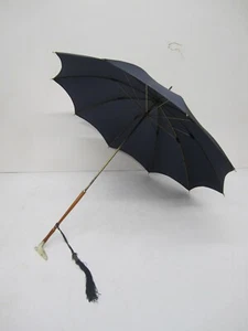 Vtg Umbrella Parasol Blue Fabric Figural Carved Lucite Dog Greyhound Head Handle - Picture 1 of 11