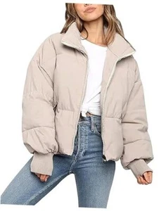 Women’s Winter Cropped Puffer Jacket Coat Short Warm Quilted Medium Beige - Picture 1 of 6