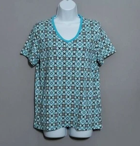 Kim Rogers Size PL Top 100% Cotton Blue Multi-Color Short Sleeve T-Top Blouse - Picture 1 of 9
