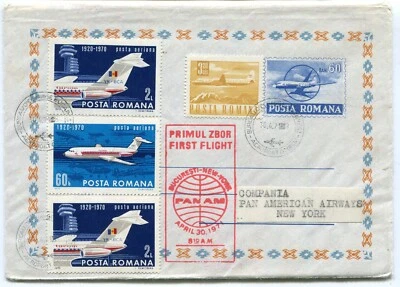 Rumania 1971 Primer Vuelo Bucuresti-Nueva York, PAN AM Airways, papelería especial Foto 1 de 2