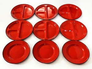 9 RED ENAMEL ENAMELWARE CAMPING BBQ PICNIC DIVIDED PLATE DISH MID CENTURY MODERN - Picture 1 of 15