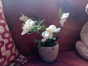 PRETTY ITEM..ARTIFICIAL FLOWERS...WHITE...IN STONE EFFECT POT..COUNTRY..POTTED