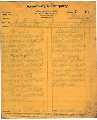 1948 Order #841, Krementz & Company Button Department, Newark, New Jersey - Image 1 of 2
