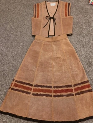 Conjunto Chaleco y Falda Vintage Años 70 Gamuza Real Cuero Tostado y Marrón Talla 16  Foto 1 de 4