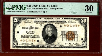 1929💲20  FRBN  🌟  STAR  NOTE  🌟 🏛️ St. LOUIS  🏛️  PMG 30 - Image 1 of 4