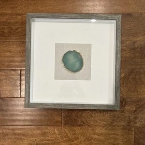 Luxe Gold Teal Agate Stone Slice Wall Art / Shadow Box Frame Sculpture 16" by 16 - Picture 1 of 6