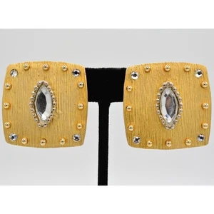 Don-Lin Vintage Clip On Earrings Brushed Gold Crystal Chunky Signed 1980s BinAI - Picture 1 of 12