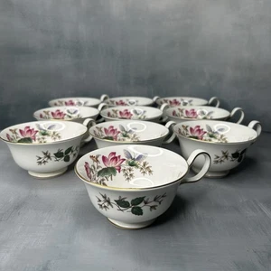 10 Wedgwood Bone China Charnwood Peony Shape Footed Tea Cups w/ Gold Trim - Picture 1 of 17