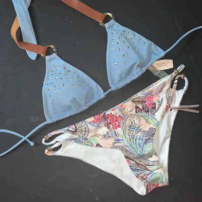 Victoria's Secret Triángulo XS/S BIKINI AZUL Marrón Cuero Paisley Cristalizado Foto 1 de 4