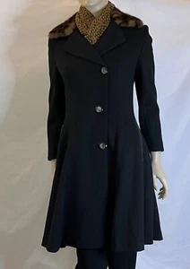 Vintage Black Wool Princess Cut Nipped Waist A-Line Skirt Fur Collar Coat US4 - Picture 1 of 11