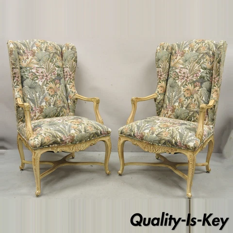 Pair French Provincial Country Louis XV Style Upholstered Wingback Lounge Chairs Cover