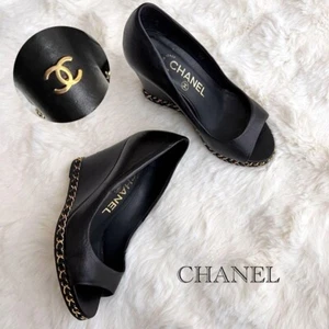 Chanel Wedge Heel Sandals Black With Coco Mark Size 34.5 US Gently Used Auth JPN - Picture 1 of 12
