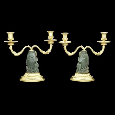 Cartier Pair Gilt Silver Carved Jade Candelabra c1940s - Image 1 of 4