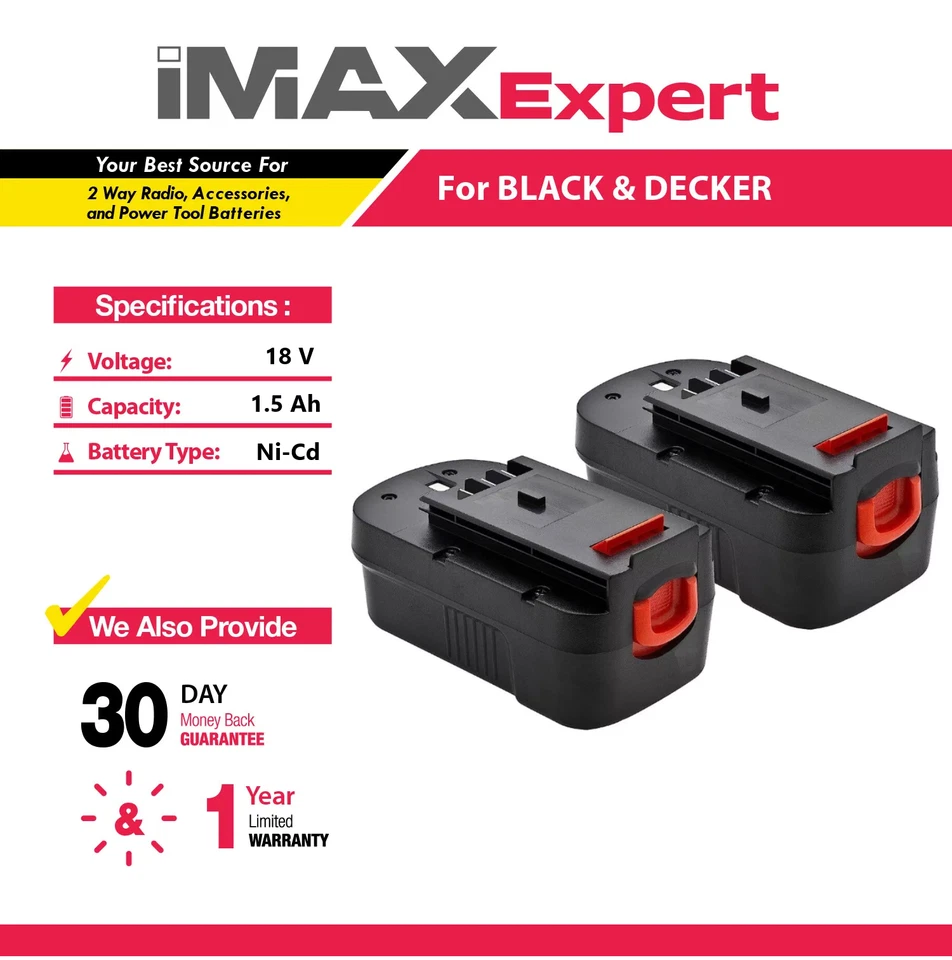 2x 18V 1.5Ah NiCd Battery for Black & Decker HPB18, HPB18-OPE, Firestorm A18