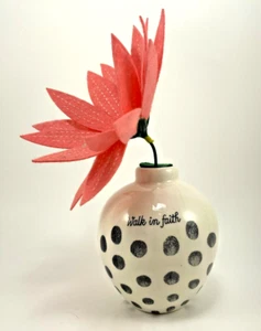Walk in Faith Hallmark Pink Felt Flower Mahogany Bud Vase Ceramic Gray Polka Dot - Picture 1 of 8