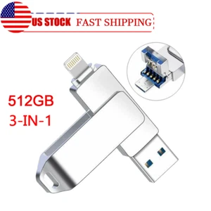 3IN1 USB3.0 Flash Drive 512GB Memory Stick fr iPhone iPad External Large Storage - Picture 1 of 11