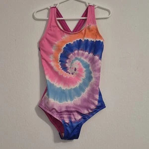 Girls Lands' End Crisscross One Piece Swimsuit Blue Pink Orange Tie Dye Size 6 - Picture 1 of 5
