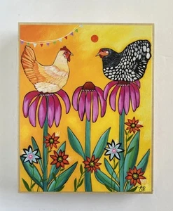 GICLEE PRINT-Coneflower Chickens 8 x 10 Mounted Frame Artist LORI PORTKA Signed - Picture 1 of 9
