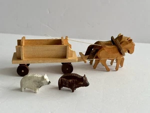 Vtg Horse Drawn Erzgebirge Farm Pigs Wagon Hand Carved Animals Miniature Scene - Picture 1 of 10