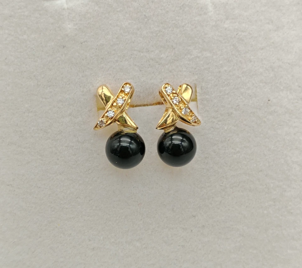 Orecchini donna pallino nero vera agata argento 925 plac oro giallo elegante - Immagine 1 di 4