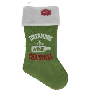 Holiday Time Dreaming Of A Wine Christmas Green Plush Stocking 18 In - Picture 1 of 4