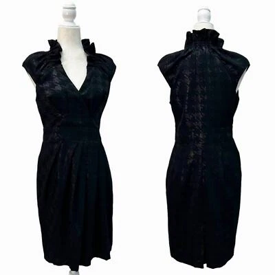 Eva Franco Black Metallic Houndstooth Ruffle Neck Sheath Dress Womens 4 - Image 1 of 4