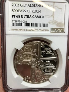 Alderney 2002 5 pound Gilt Silver 50 years of reign In Slab Ngc PF68 - Picture 1 of 2