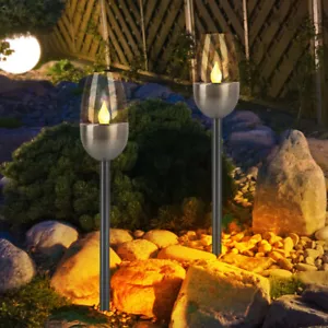 2x Außenleuchte Wegelampe Solarleuchte IP44 Feuereffekt LED Gartendeko schwarz - Bild 1 von 10