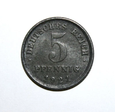 S2 - Germany 5 Pfennig 1921-F Uncirculated Iron Coin - Imperial Eagle *** Nice - Image 1 of 2