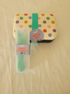 Caja de bento de una cuenta con 3 utensilios ¡lavado a mano solo NUEVO CON ETIQUETAS! Smilefaces y azul - Imagen 1 de 10