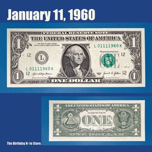 January 11, 1960 Birthday Anniversary $1 One Dollar Bill Serial Number 01111960 - Picture 1 of 2