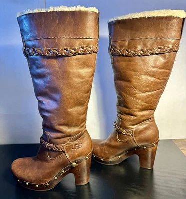 UGG Australia Mujer Botas Marrón Cuero Sabana Alto Hasta la Rodilla Zueco Tacón Talla 8 Foto 1 de 4