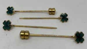 Vintage (4) 1 3/8" Four Leaf Clover Shamrock Cloisonne Enamel Stick Pin GoldTone - Picture 1 of 9