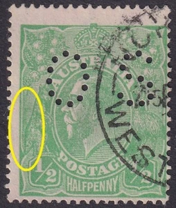 Aust KGV ½d Green. Perf 'OS'. FLAW: Retouch Behind Roo's Back. USED (1911) - Picture 1 of 2