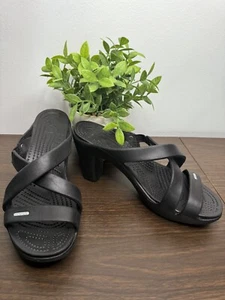 Crocs 10 Black Sandals Heels Open Toe Criss Cross Strap Dressy - Picture 1 of 14