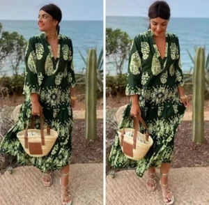 ZARA dunkelgrün Blumendruck Midi Maxi Kaftan Kleid GR L 14 16 7521/247 Strand - Bild 1 von 4