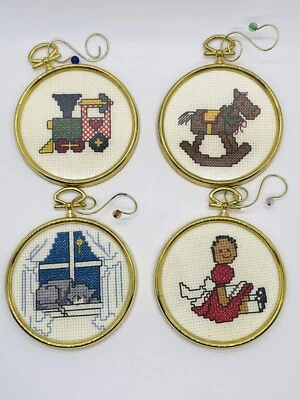 Vtg Needlepoint/Cross Stitch Round Gold Tone Framed Ornaments Set of 4 Cat Train - Image 1 of 4