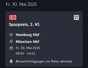 Zugticket ICE Hamburg Hbf - München Hbf 30.05.2025 - Bild 1 von 1