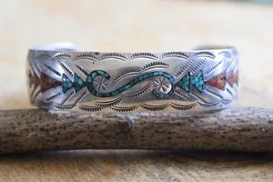 Turquoise & Coral Chip Inlay Sterling Silver Cuff Bracelet Navajo - Picture 1 of 4