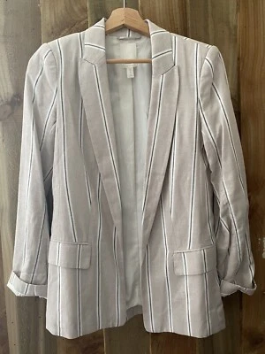 🤍H&M OATMEAL WHITE STRIPED LINEN MIX LINED BLAZER JACKET SIZE 6🤍 - Image 1 of 4