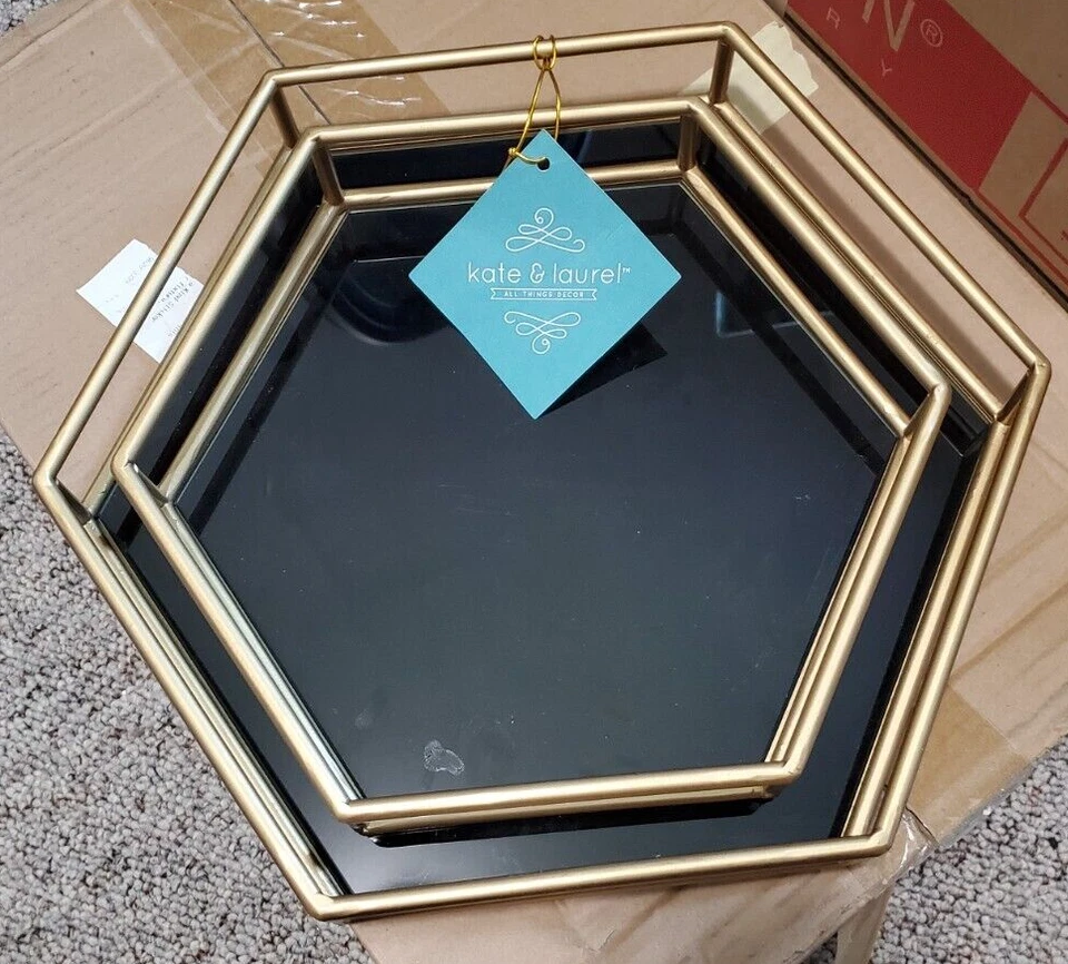 Kate and Laurel Felicia Glam 2-Piece Nesting Metal Black Mirrored Trays, Gold D7 - Image 1 of 3