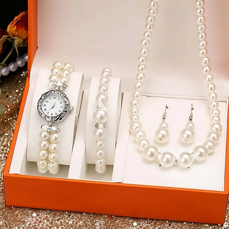 Perlen Schmuckset Uhr Kette Armband Ohrringe Weiß 4-Teile Braut Geschenk Set Box - Bild 1 von 4