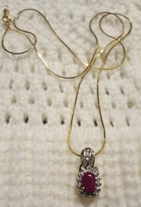 NEW MARKED 14K YELLOW GOLD 20" NECKLACE WITH DIAMOND AND RUBY OVAL PENDANT - Picture 1 of 3