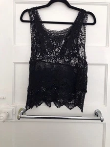 Top shop Black bohemian Crochet beach top Size 10 Excellent Condition - Picture 1 of 3